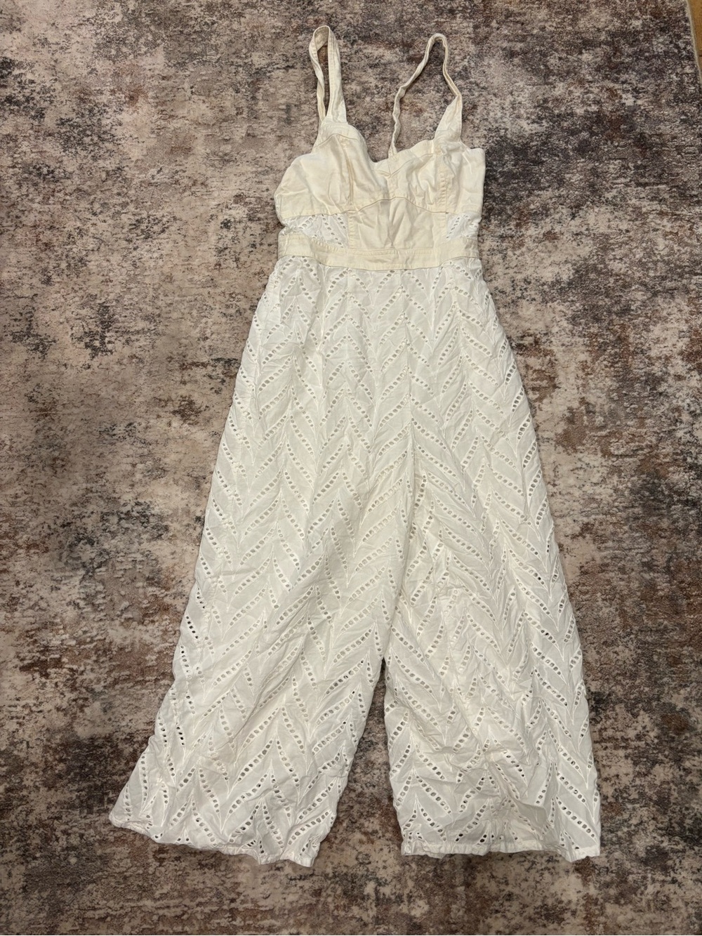 Anthropologie Cream Eyelet Wide-Leg Jumpsuit